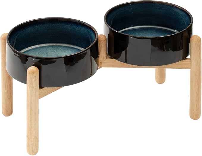 Havniva Elevated Dog Bowls Ceramic Dog Bowls with Stand, Dog Food Bowl | 8.3” Raised Dog Bowls with Non-Slip Wood Stand, Dog Food and Water Bowl Set, Double Dog Feeding Bowls for Large Dogs