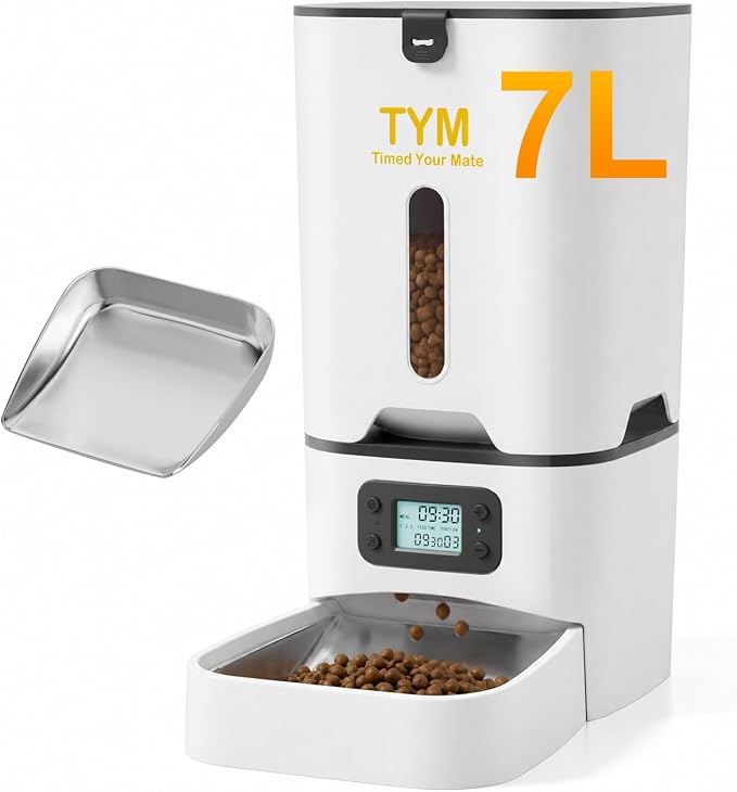 Automatic Cat Feeder 7L, 9 Meals/Day Food Dispenser for Cats Small Dogs | Large Capacity | Programmable Timer | NO APP | Weight / Diet Control | Stainless Steel Bowl | Fresh Food | Dual Power Supply