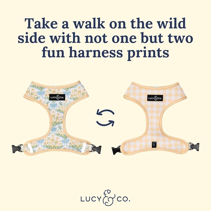 Lucy & Co. Reversible Dog Harness - Water-Repellent Neoprene, Dual-Print Design, Easy Swap Style, Adjustable Comfort Fit - Sunshine Daffodils Reversible Harness - Large