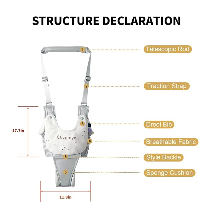 Baby Walking Harness - Handheld Toddler Walker Helper with Detachable Crotch, Adjustable Traction Strap, Breathable Fabric, Infant Walking Assistant Belt with for 9-24 Months (Grey)