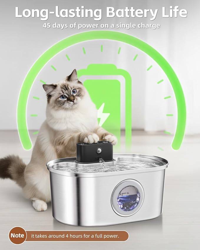 Cordless 3.2L/108oz Stainless Steel Cat Water Fountain Pet Fountain | Rechargeable Pet Water Dispenser - Motion Sensor Activation - Multi-Layer Filtration - Ultra-Quiet Pump (1 Filters)