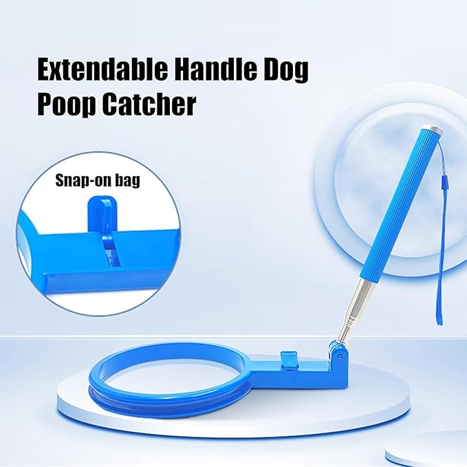 Dog Poop Scooper with Retractable 35.4 In Stainless Steel Handle, One-Click Bag Loading & Disposal, Includes Bone-Shaped Bag Dispenser & Poop Bags, Fits 9 In+ Opening Bags