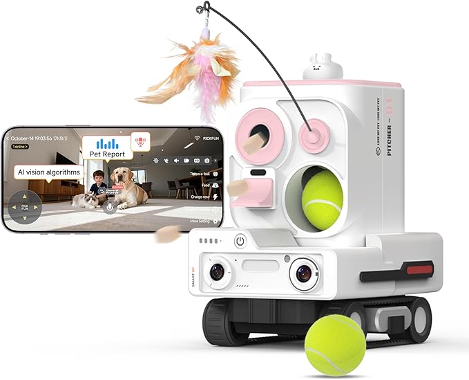 Pmate AI Pet Camera Robot Companion for Dogs & Cats Robot Camera with Visual Recognition Remote Video Interaction Auto Feeding & Play Red Light Teaser Night Vision Auto Charging Pink
