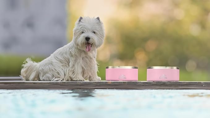 ALPINE Set of 2 Stainless Steel Dog Bowls, Non Slip, Metal Pet Bowl for Food and Water, Double Walled Insulated, Rustproof, Dishwasher Safe (64 oz, Pink)