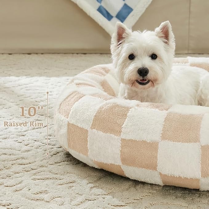 Ohocut Checkered Dog Bed, Cute Beige Khaki Retro Style Aesthetic Round Warming Pet Calming Beds for Small Dog and Cats, Plush Cozy Donut Dog Beds Washable, 30" L x 30" W x 8" Th