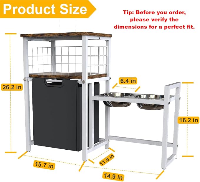 30.6Long x 26.2 High Elevated Dog Bowl Stand, White | with Pet Food Storage Organizer, Adjustable Raised Feeding Station with Toy Basket for Large Medium Small Dogs and Cats