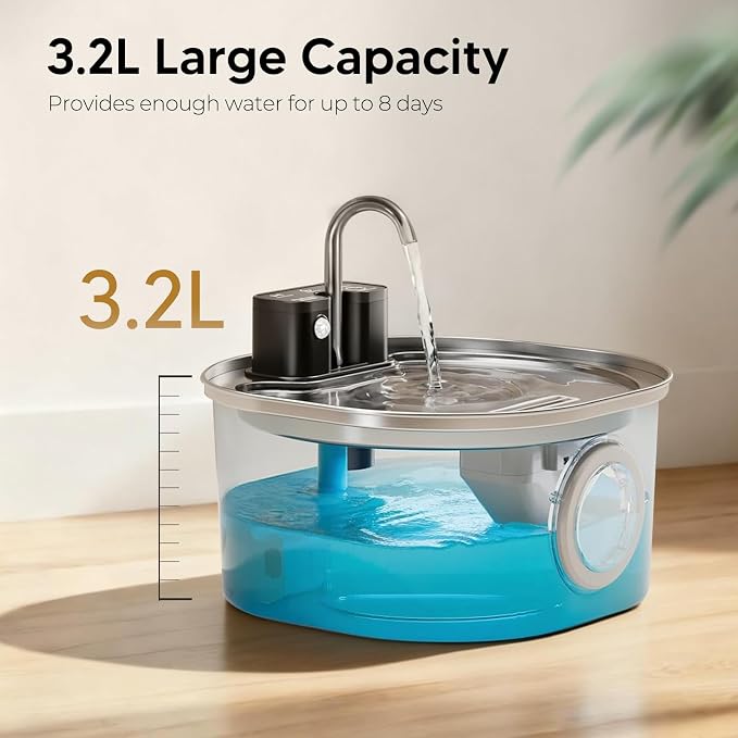 Voluas Stainless Steel Cat Water Fountain, Wireless, 108oz/3.2L, 1 Filter | Cordless Design, Ultra-Quiet Pump, Easy to Clean, BPA-Free