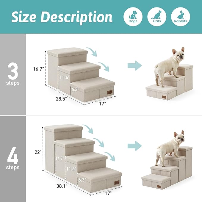 COZY KISS Dog Stairs with Storage, 3-Step Wider Sturdy Dog Steps for Small/Medium/Large Dogs and Older Cats, Folding Doggie Ramp for Bed/Couch Hold Up to 180 lbs (16.7" H, Beige)
