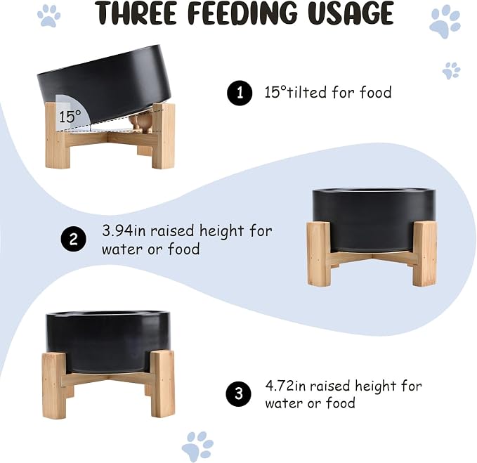 SPUNKYJUNKY 15° Slanted Ceramic Dog and Cat Bowl with Wooden Stand, Tilted Bulldog Food and Water Bowl No Slip Non-Spill for Cats Medium Dogs Big Face Pets 28.7 OZ (3.6 Cups, Black)
