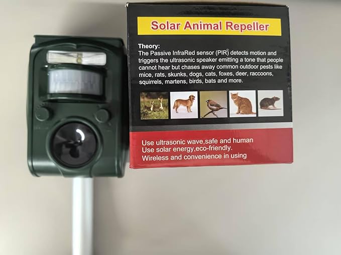 Solar Ultrasonic Animal Repellent Outdoor Waterproof, Upgraded Deer Repellent with Motion Detection, Cat Repellent Raccoon Repellent Squirrel Repellent for Yard