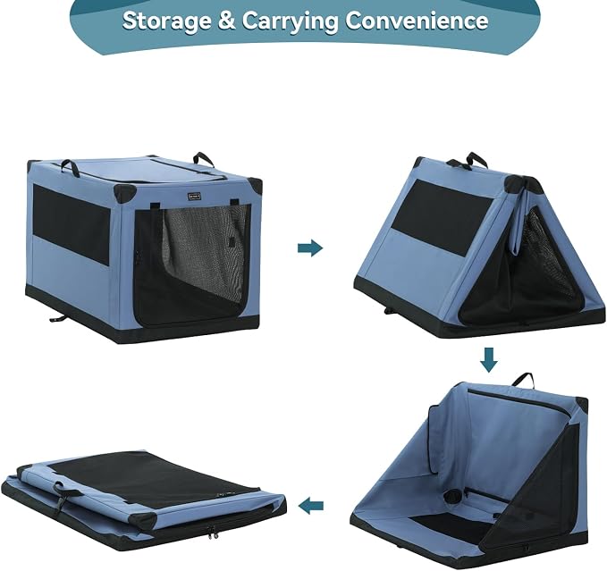 PETSFIT 26" Soft Portable Dog Crate – Patented Spiral Sturdy Frame, Collapsible Travel Kennel for Small Dogs, 3 Mesh Door, Lockable Zippers, Indoor & Car Use Blue