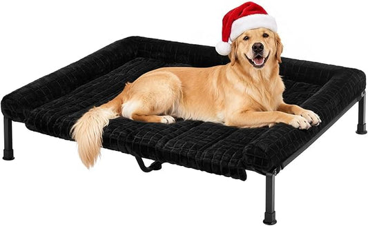 Veehoo Elevated Dog Bed with Fluffy Plush Bolster Cushion, Dog Couch Bed | Cooling Raised Dog Bed for Large Dogs, Washable Orthopedic Pet Cot with Removable Mat, Breathable Mesh, Non-Slip, 48", Black