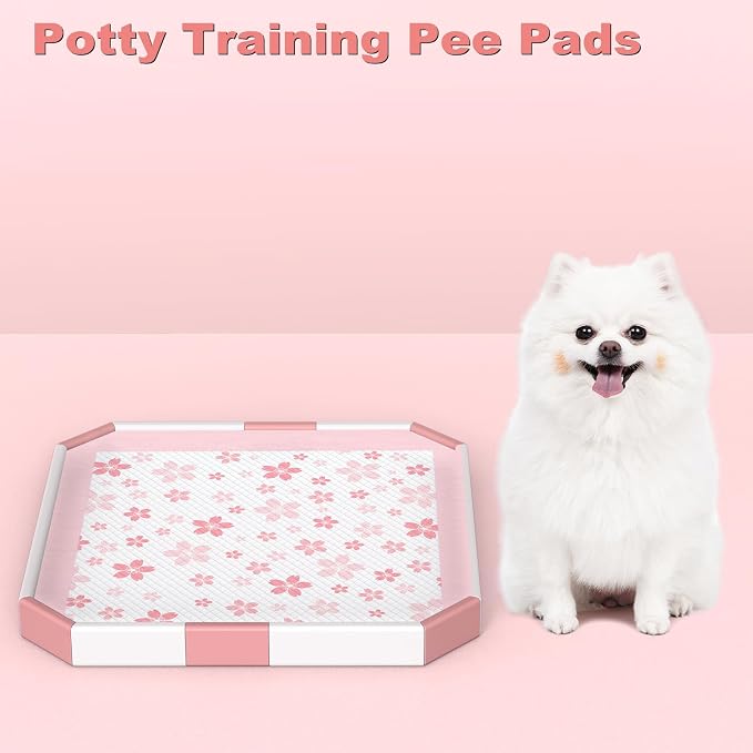 MIZOK Pink Puppy Pads with Adhesive Tabs Wee Wee Pads for Dogs 22x22in 50Ct | Cute Cherry Blossom Designs Feature Pheromone Attractant for Fast Training Small Dog Potty Pads Ideal for Female Puppy Needs