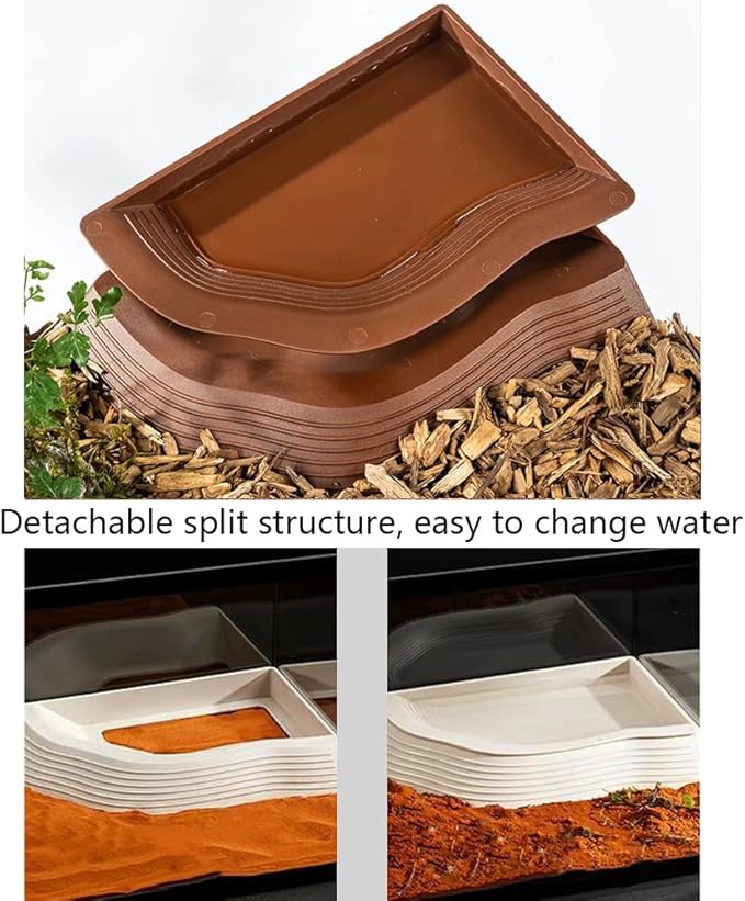 3 Pcs Tortoise Water Dish with Ramp Leaf Tortoise Water Food Bowls Reptile Water Dish Amphibians Habitat Accessories for Lizard Turtle Horned Frog Brown
