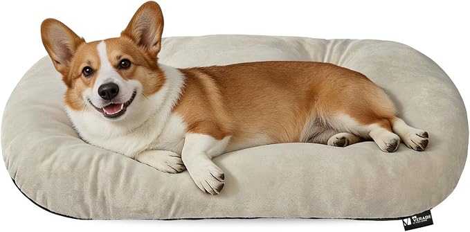 Washable Oval Dog Bedfor Medium Dogs,Silver-Tipped High-Resilience,Beige | Non-Slip Bottom Prevents Sliding, Soft Plush Short Fur, Machine Washable, Ideal for Crates/Apartments/Cozy Nooks,29"x18"x2.8"
