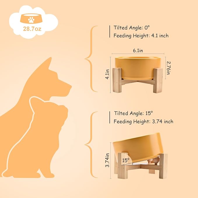 SPUNKYJUNKY 15° Slanted Ceramic Dog and Cat Bowl with Wooden Stand, Tilted Bulldog Food and Water Bowl No Slip Non-Spill for Cats Medium Dogs Big Face Pets 28.7 OZ (3.6 Cups, Yellow)
