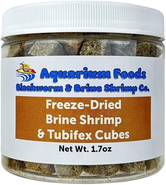 Aquatic Foods Inc. Brine Shrimp & Tubifex Worms - Freeze-Dried Brine Shrimp & Tubifex Cubes for Discus, Cichlids, Koi, Pond Fish, Aquatic Turtles, All Tropical Fish, Marine Fish..1.7oz Med Round Jar