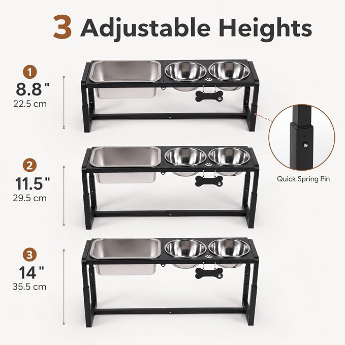 Metal Elevated Dog Bowls for Medium/Large Breed, 3 Adjustable Height(8.8''/11.5''/14'') Raised Dog Bowl Stand with Two 58oz & One 1.2gallons Large Stainless Steel Dog Food Water Bowls