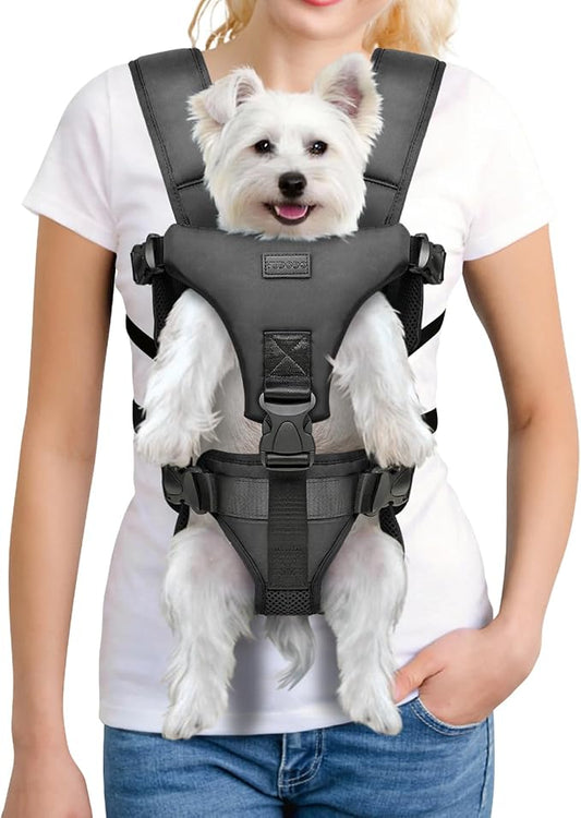 YUDODO Front Pet Carrier Backpack for Small Dog, Legs Out Dog Chest Carrier | Safety Belt, Ergonomic Support, Hands Free, Durable & Comfortable, For Walking Hiking Cycling, Black, L
