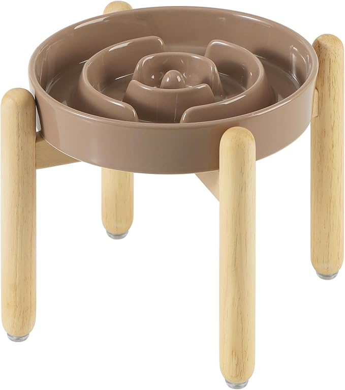 Havniva Elevated Slow Feeder Dog Bowls, Ceramic Dog Bowl Slow Feeder | 1.6 Cups Raised Slow Feeding Bowl for Medium Breed, Puzzle Dog Food Bowl with Wooden Stand, Non-Slip, Anti-Choking
