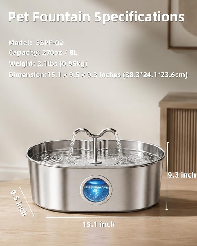 8L/270oz/2Gallon Stainless Steel Dog Water Fountain Pet Fountain | Automatic Pet Water Dispenser - Self-Designed Filtration System - Ultra-Quiet Pump - Easy Cleaning & Maintenance (3 Filters)