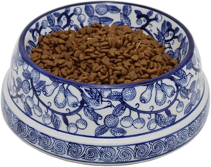 Aimusego Blue and White Vintage Ceramic Dog Bowl for Pet Owners, Anti-Skid Base Medium Large Water and Food Pet Cat Dish-9inch