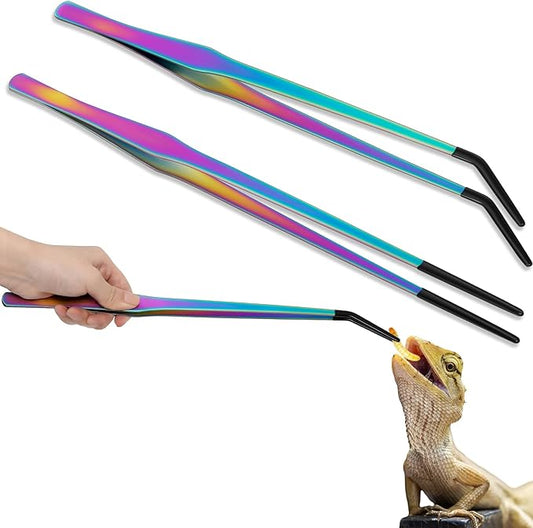 Lasnten 2 Pcs Extra Long Stainless Steel Reptile Feeding Tongs with Rubber Tip 15 Inch Bearded Dragon Aquarium Straight and Curved Long Tweezer Terrarium Feeder Tool for Tank (Colorful)
