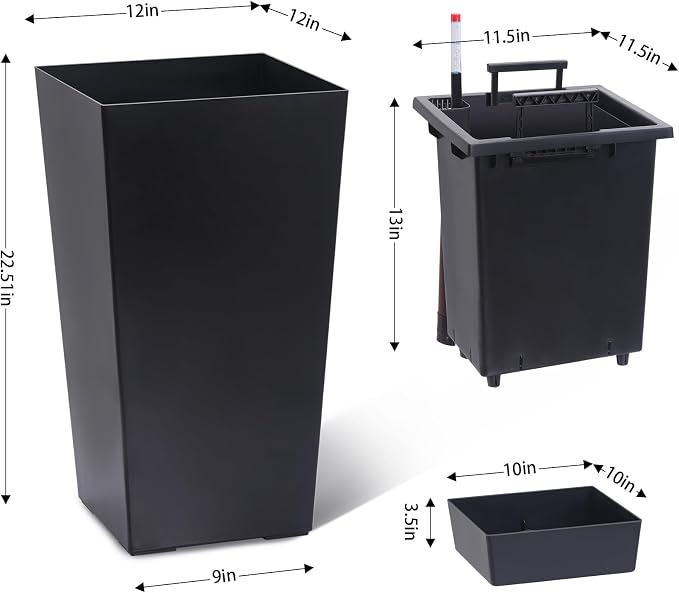 Garvee 22.5" Tall Planters Set of 2, Outdoor＆Indoor Black Planter Pots, High Front Porch Planter Pots with Drainage Holes＆Water Level Monitor＆Inner Bucket,Black