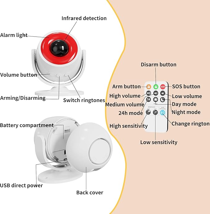 1 Pack Wireless Motion Detector Alarm for Indoor Use, PIR Motion Sensor with Sound Player for Pets, Dogs & Animal Deterrent, Intruder Alert & Remote Safety System, Noise Maker Sensor de Movimiento