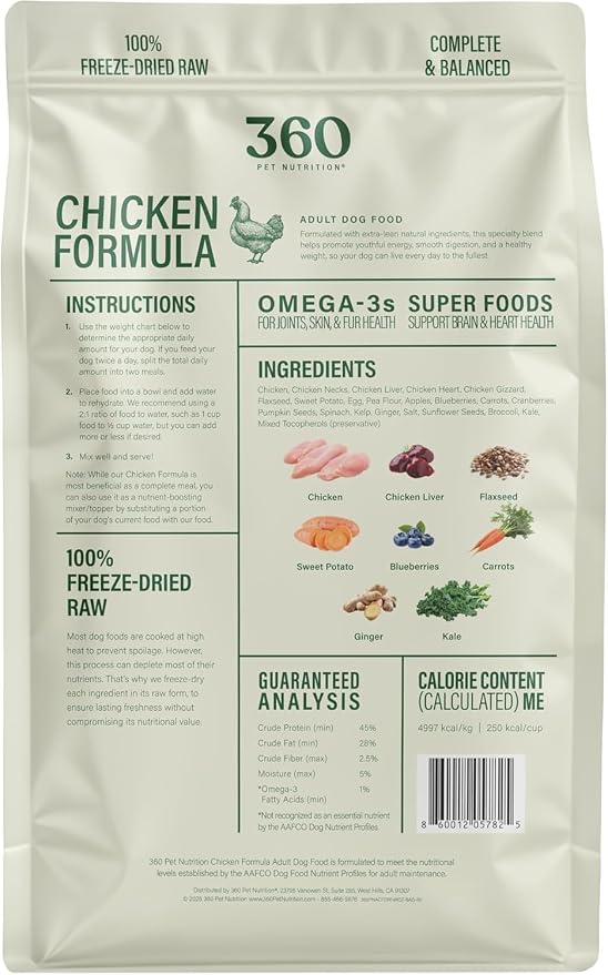 360 Pet Nutrition Freeze-Dried Raw Dog Food – Chicken Recipe with Liver & Organs, High Protein, Omega-3s, Fruits, Veggies & Superfoods, Grain-Free, No Fillers 2 x 48 oz Made in USA