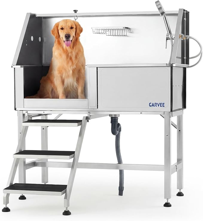 Garvee 46 Inch Stainless Steel Dog Washing Station, Heavy Duty Pet Grooming Bathtub with Access Stairs, Brushed Finish, Left Door Options