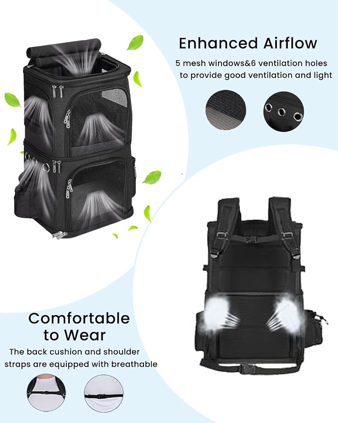 HOVONO Double Cat Carrier Backpack for 2 Cats or Small Dogs,Large Space | 2-in-1 Dual Compartment Pet Backpack Carrier up to 18 lbs, Ventilated Design for Traveling/Hiking /Camping/Vet Visits, Black