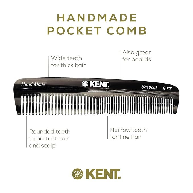 Kent R7T Fine and Wide Tooth Hair Comb, Handmade Pocket Comb for Men, Best Beard and Mustache Comb for Everyday Grooming and Styling, Sawcut, Made in England