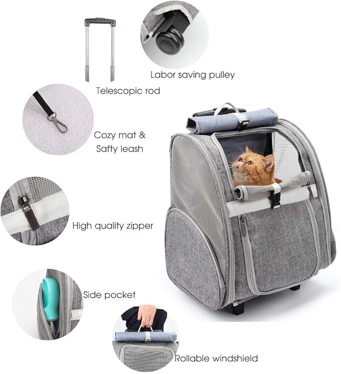 Pet Rolling Carrier, Dog Backpack with Wheels,Cats,Puppies Travel Bag with Wheels,Dog Trolley(Grey)