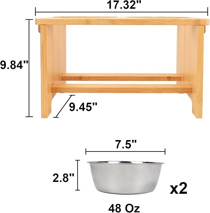 HTB Elevated Dog Bowls,Raised Dog Bowl Stand with 2 Stainless Steel Bowls,Elevated Raised Dog Bowls for Large Medium Small Sized Dogs | Raised Dog Bowl Stand, 10"tall, 48 Oz Bowls, for Large Sized Dogs, Pet-safe, Solid Bamboo