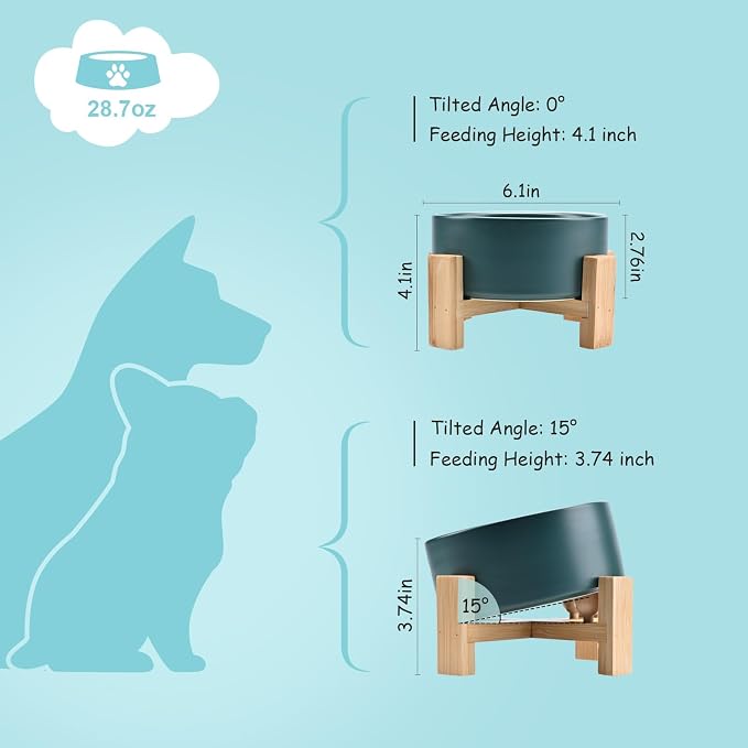 SPUNKYJUNKY 15° Slanted Ceramic Dog and Cat Bowl with Wooden Stand, Tilted Bulldog Food and Water Bowl No Slip Non-Spill for Cats Medium Dogs Big Face Pets 28.7 OZ (3.6 Cups, Green)