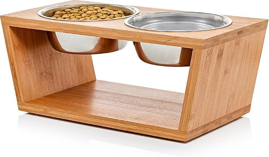 Elevated Dog Bowl Stand- 7" Raised Pet Feeder for Medium Dogs with Four Stainless Steel Bowls.