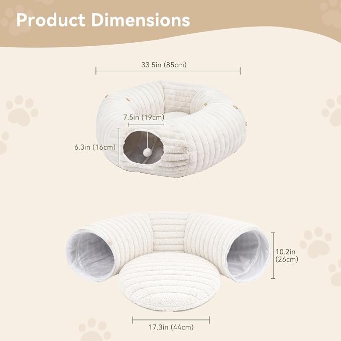 Dogpals Cat Tunnel Bed Cave 33" Lx10 Wx10 H for Indoor Cats (White) | Washable Cozy Cushion, Soft Striped Plush Fabric, Hideaway Peekaboo Cave for Kittens, Puppies, Rabbits & Small Pets
