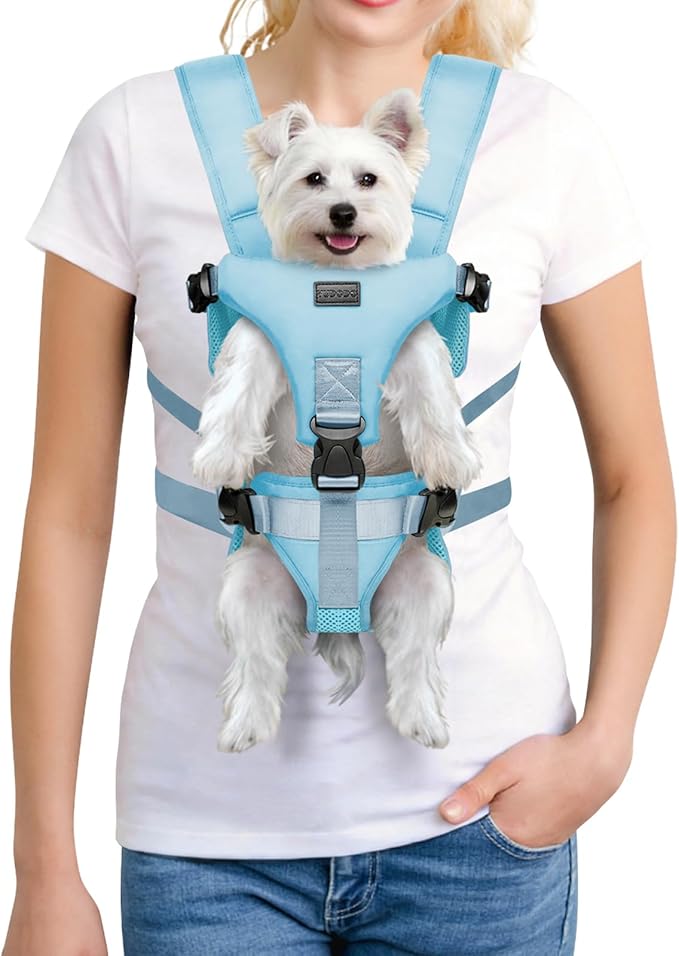 YUDODO Front Pet Carrier Backpack for Small Dog, Legs Out Dog Chest Carrier | Safety Belt, Ergonomic Support, Hands Free, Durable & Comfortable, For Walking Hiking Cycling, Blue, S