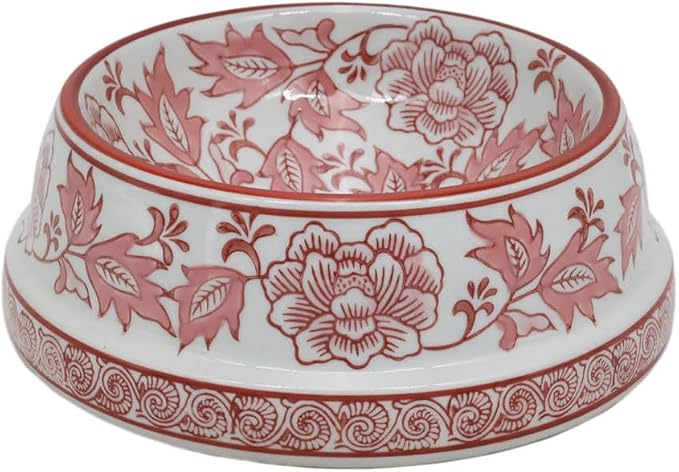 Aimusego Pink & White Ceramic Dog Bowl,Chinoiserie Floral Heavy Duty Non-Slip Dog Food Water Bowls, Ceramic Dish for Medium and Small Dogs and Cats, for Pet Owners,Puppy 9inch
