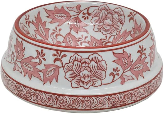 Aimusego Pink & White Ceramic Dog Bowl,Chinoiserie Floral Heavy Duty Non-Slip Dog Food Water Bowls, Ceramic Dish for Medium and Small Dogs and Cats, for Pet Owners,Puppy 9inch