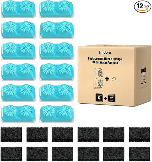 Official Replacement Filters for 3.2L/108oz Cordless Cat Fountain | 12 Pack Replacement Filters & Sponges - Multi-Layer Filtration - Easy Replacement for Emdoro Cordless Pet Fountain