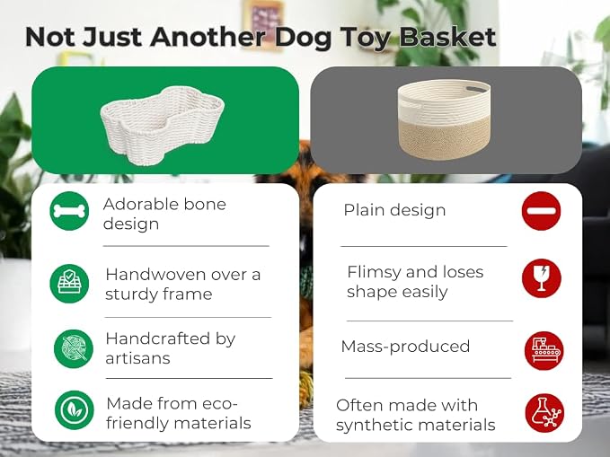 OtterPets Dog Toy Basket, Bone Shaped Cotton Rope Dog Toy Bin, Large 23x15 | Handmade dog and cat toy organizer, large 23 x 15 in; cotton rope construction; dog toy bin