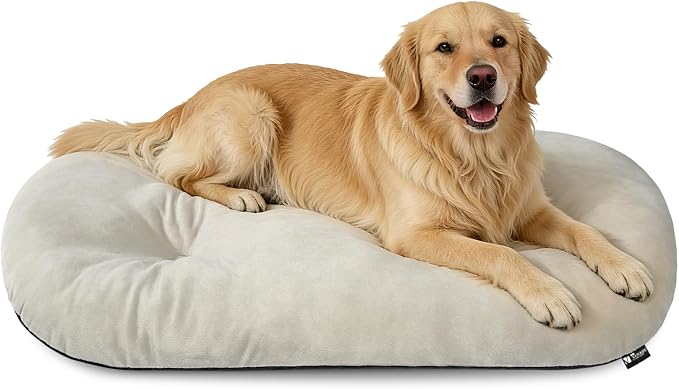 Washable Oval Dog Bed forX-Large Dogs,Silver-Tipped High-Resilience,Beige | Non-Slip Bottom Prevents Sliding, Soft Plush Short Fur, Machine Washable, Ideal for Crates/Apartments/Cozy Nooks,41"x27"x3.6"