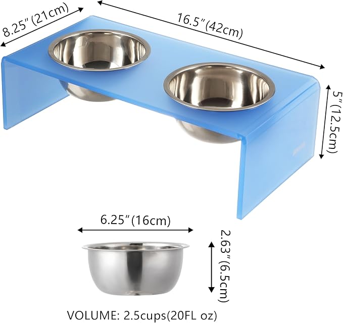 DBL2000C Keaton 5" Small/Medium Modern Acrylic Rectangular Elevated Pet Feeder with 20oz 2-Stainless Steel Bowls, Blue/Chrome