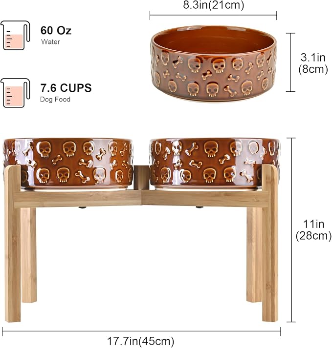 SPUNKYJUNKY Elevated Dog Bowls Ceramic, 8.3'' Dogs Food Water Bowls Raised with Non-Slip Bamboo Stand for Large Sized Breed Microwave Dishwasher Safe - 60 OZ,Skull Bronze