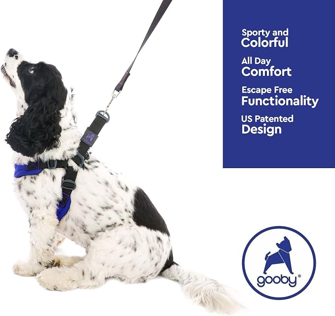 Gooby Escape Free Sport Dog Harness, Choke-Free, Blue, Medium | Patented escape-free frame; Reduces choking; 4-point adjustment; Soft neoprene padding; Durable webbed straps