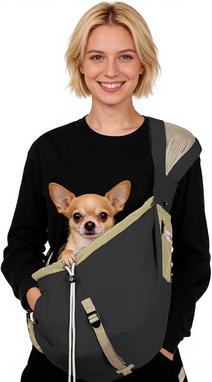 Dog Carrier Sling, Dog Carriers for Small Dogs Up to 20lbs, Black | Puppy Sling, Cross Body Carrying Bag, Soft Front Pouch, Adjustable Shoulder Strap, Breathable Mesh Pet Backpack for Hiking