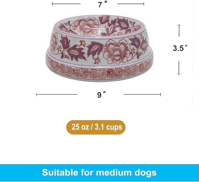 Aimusego 25 FL OZ / 3.2 Cups Handpainted Ceramic Dog Bowl, Purple and White Chinoiserie Floral Vintage Cute Heavy Duty Non-Slip Pet Feeding Dish for Medium Dogs-Dishwasher, Microwave Safe