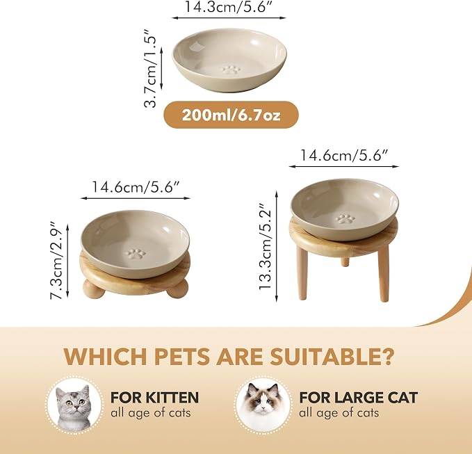 Havniva Elevated Cat Bowls, Cat Food and Water Bowl Set, Ceramic Cat Bowl | Raised Cat Food Bowls, Whisker Friendly, 5.6” Shallow Cat Dishes, Wide Cat Plates, Non-Slip Wood Stand, Two Heights
